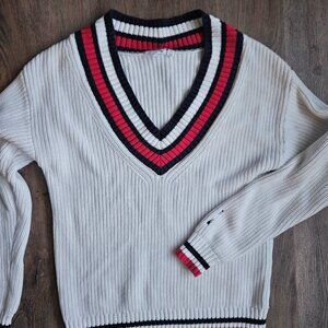 The Upside 100% organic cotton white blue varsity v neck women's sweater size XS